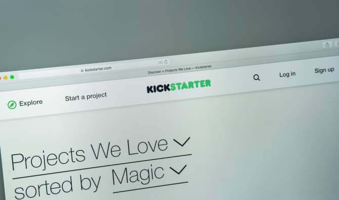 Close-up of the Kickstarter website homepage showing "Projects We Love" section with navigation menu and search options.