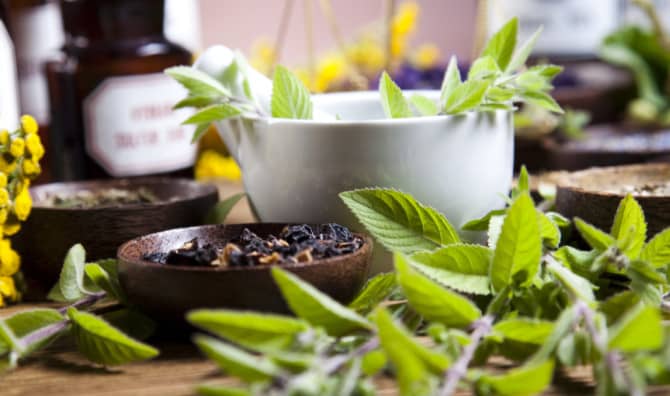 An arrangement of fresh herbs and natural remedies on a wooden surface, featuring a white mortar filled with green leaves, small wooden bowls containing dried herbs and spices, surrounded by fresh mint and sage sprigs, with dark glass bottles in the background.