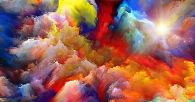 Abstract digital artwork with vibrant swirling colors including blues, reds, yellows, and oranges in flowing, cloud-like formations.
