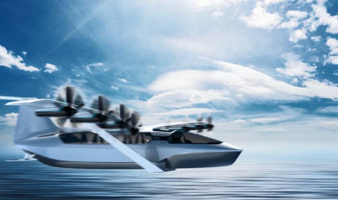 A futuristic electric flying boat with multiple rotors glides above the water's surface against a blue sky with clouds.
