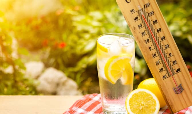 A glass of iced lemon water beside a wooden thermometer showing high temperature, with fresh lemons and sunny greenery.