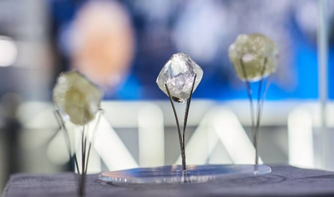 Close-up of rough diamonds displayed on metal stands.