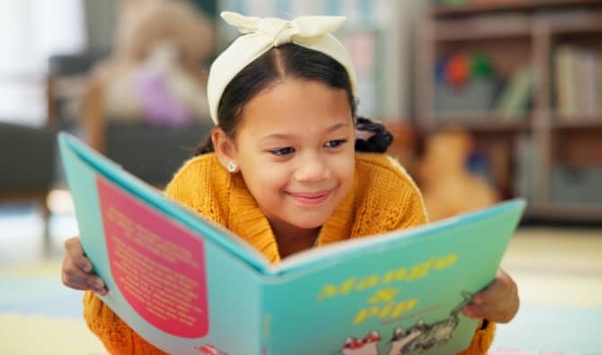 Reading at the library.