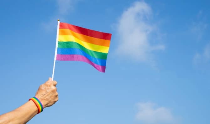 A person holds up a pride flag.