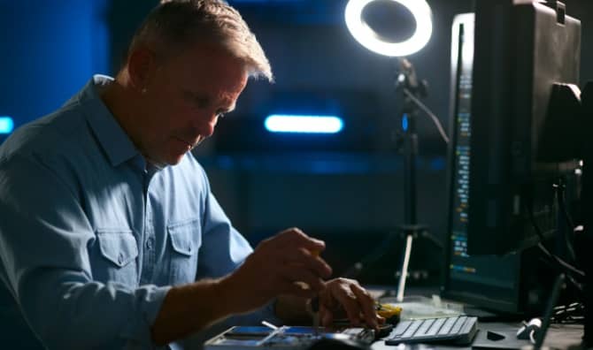 A retired man refurbishes a laptop.
