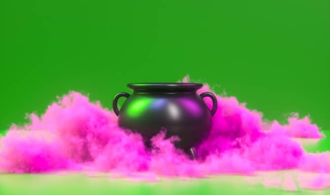 A cauldron with pink smoke.