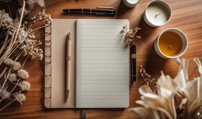A desk with a book for writing.