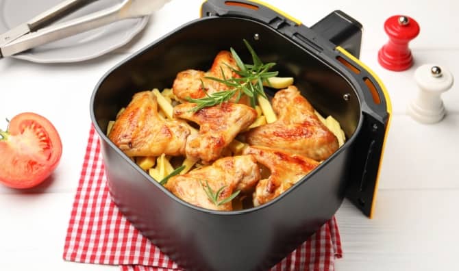 Cooking chicken wings in an air fryer.