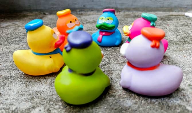 Colorful plastic ducks.