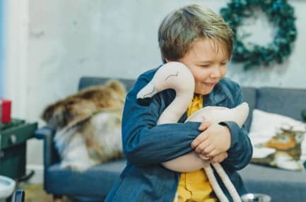 A boy hugs a plush toy.