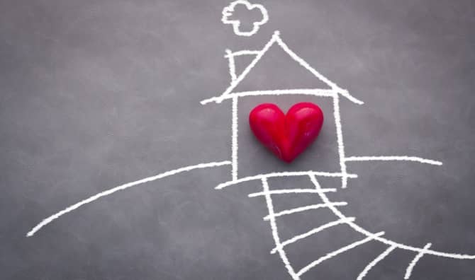 Home sweet home house drawing with a red heart.