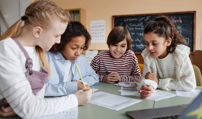 Students learning English.