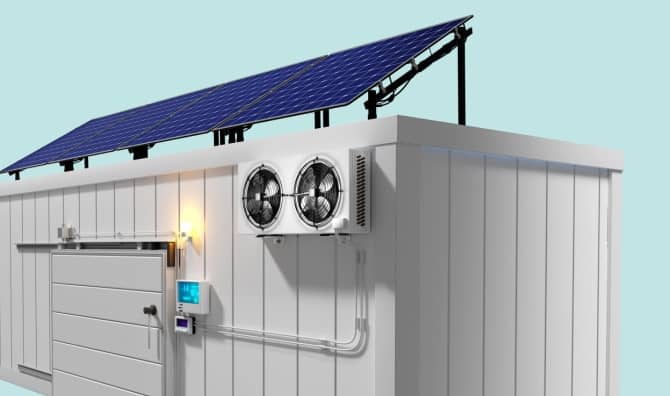Solar powered refrigerated warehouse illustration.