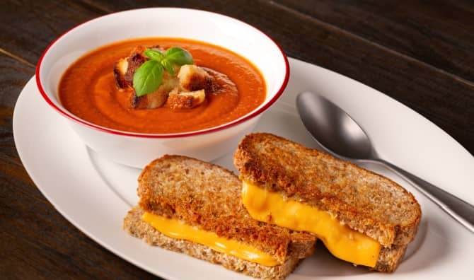 Nothing says comfort more than tomato soup and a vegan grilled cheese sandwich.