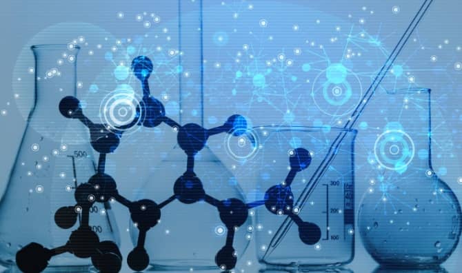 Empty laboratory glassware and chemical molecules on a lab desk.