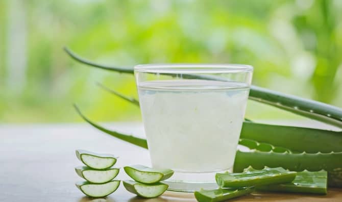 fresh aloe vera leaves and aloe vera juice.