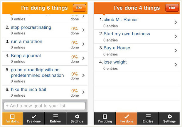 photo Two mobile screens showing goal-tracking app with "I'm doing" goals list on left and "I've done" completed goals on right.