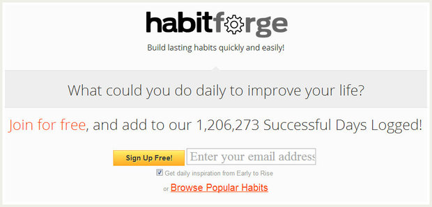 photo Habit Forge website landing page with signup form, showing "Build lasting habits quickly and easily" tagline and statistics.