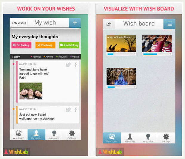 photo Two mobile screens showing WishLab app with wish journal on left and visual wish board with images on right.
