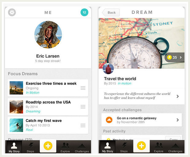 photo Two mobile screens showing goal-tracking app with user profile and dreams list on left, travel goal details on right.