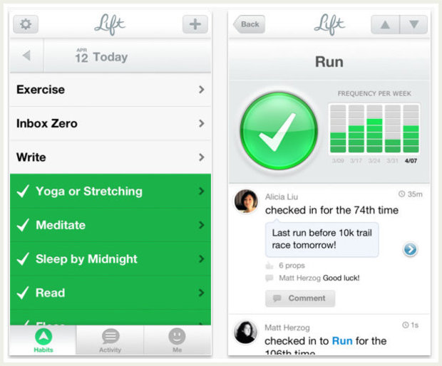 photo Two mobile screens showing Lift habit-tracking app with daily checklist on left and running activity details on right.