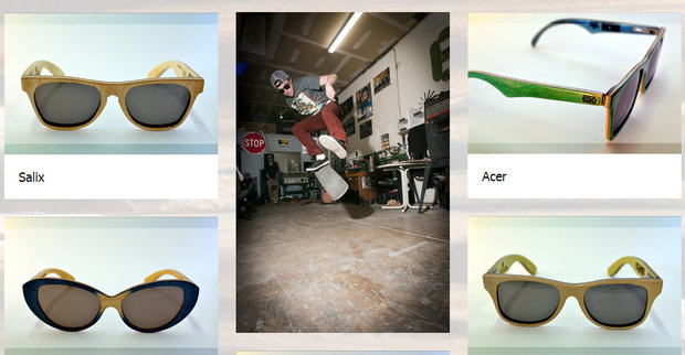 Collage showing four different styles of wooden-framed sustainable sunglasses labeled Salix and Acer surrounding a center photo of a skateboarder performing a trick indoors.