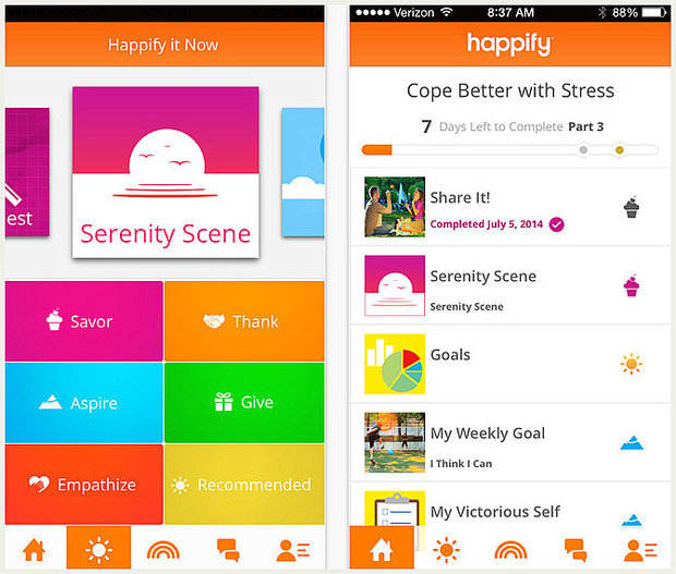 Screenshots of Happify wellness app showing colorful interface with stress management activities, goals, and action buttons including Savor, Thank, Aspire, Give, Emphasize, and Recommended options.