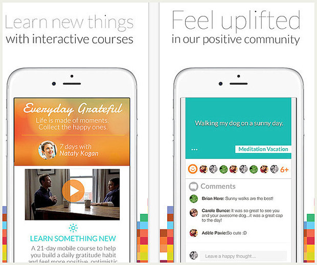 Two mobile screens showing Everyday Grateful wellness app with interactive courses on left and community feed on right.