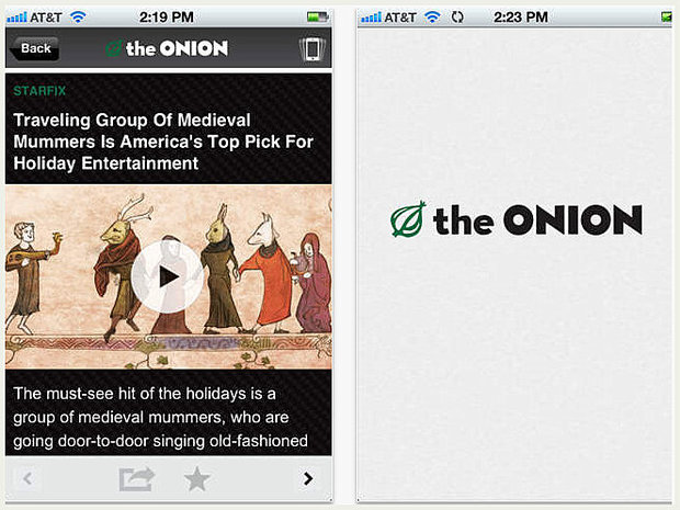 The Onion news app screenshot showing an article about medieval mummers for holiday entertainment with historical illustration, and The Onion logo on a blank page.