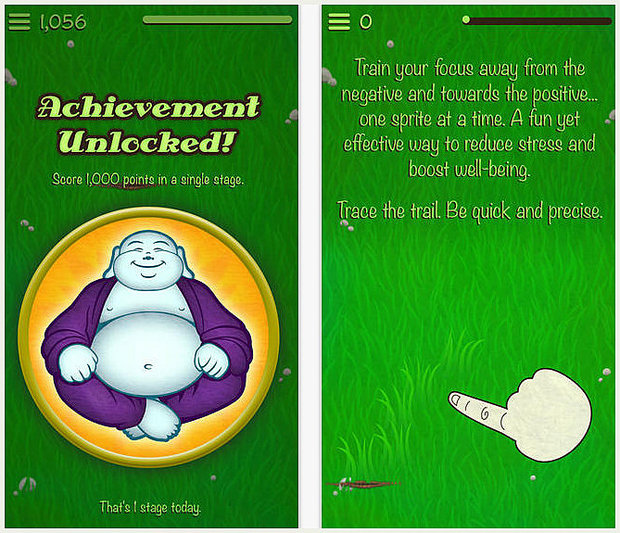 Mobile wellness game screenshots showing an achievement unlocked for scoring 1000 points with a cheerful Buddha character, and instructions to trace focus patterns away from negative towards positive thoughts.