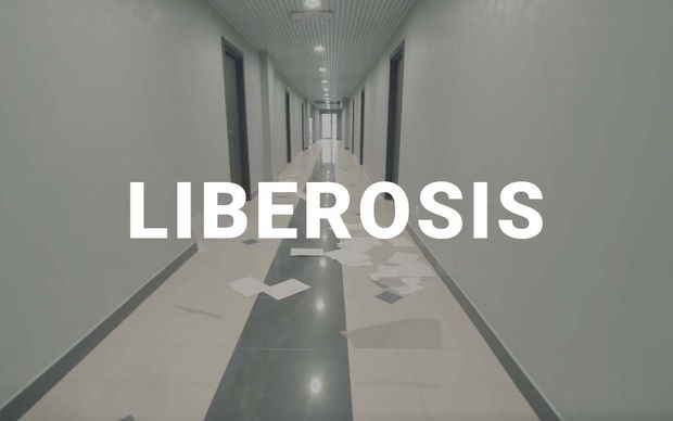 A long, empty institutional corridor with white walls and a reflective floor, scattered papers lying on the ground, leading to a distant doorway, with the word 'LIBEROSIS' displayed in large white capital letters across the center of the image.