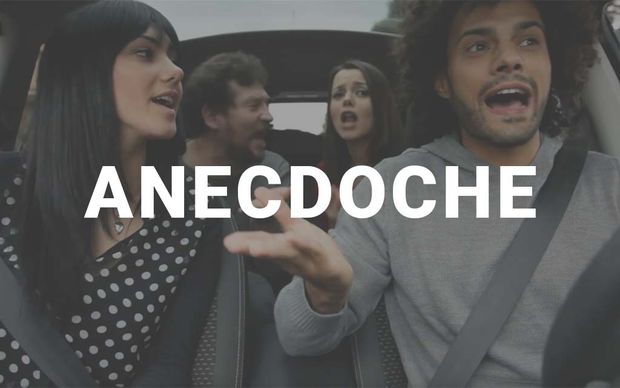 Four people inside a car all talking animatedly at once — a driver and passenger in front, two people in the back seat — each appearing to speak without listening to the others, with the word 'ANECDOCHE' displayed in large white capital letters across the center of the image.