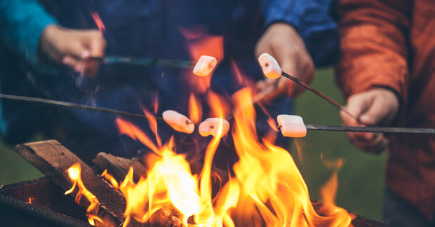 People roasting marshmallows over campfire.