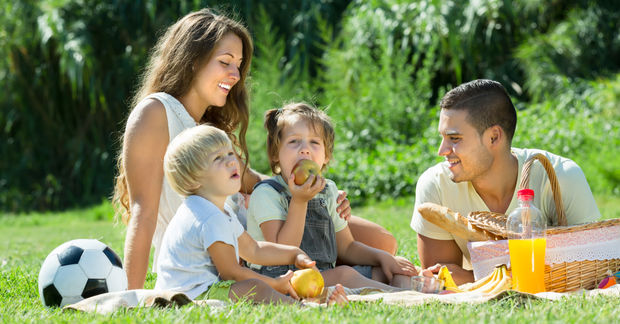 photo Family enjoying picnic outdoors on grass.
