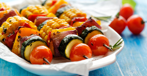 Roasted vegetable vegetarian skewers.