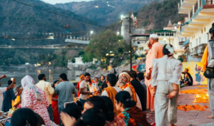People gather in Rishikesh.